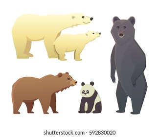 Collection with different cartoon bears isolated on white background. Vector broun and black american bear. Set Wildlife or zoo grizzly.