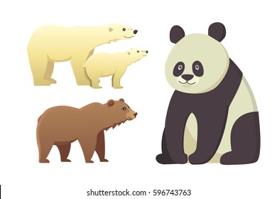Collection with different cartoon bears isolated on white background. Vector broun and black american bear. Set Wildlife or zoo grizzly.