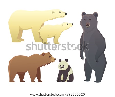 Collection with different cartoon bears isolated on white background. Vector broun and black american bear. Set Wildlife or zoo grizzly.