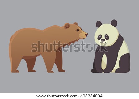 Collection with different cartoon bears isolated on white background. Vector broun and black american bear. Set Wildlife or zoo grizzly.
