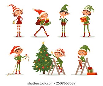 Collection of different cartoon elves isolated. Santa Claus little helpers fun characters decorate Christmas tree, jump, run, smile, gift box. Icons set for Christmas card, pattern, banner, sticker