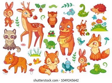 Collection of different cartoon forest animal in vector. Big set for kids.