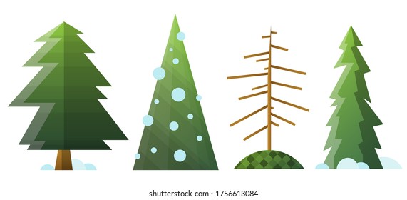Collection of different cartoon green and dead fir trees. Isolated fir trees with snow for Happy New Year and winter holidays designs, postcards, banners. Vector illustration art.