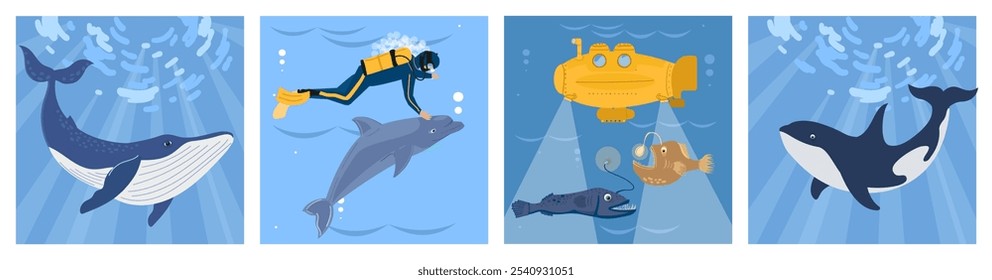 Collection of different cartoon illustrations. Underwater sealife, scuba diver and submarine in cartoon style