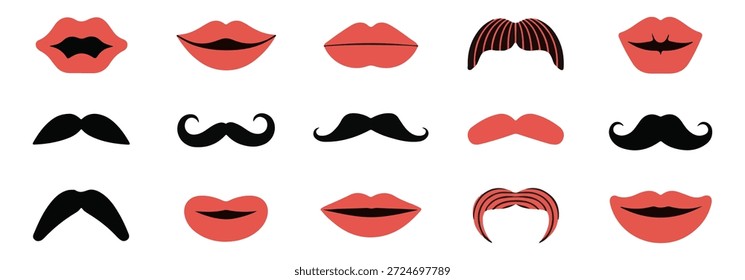 Colección de diferentes labios de dibujos animados y bigotes en colores negro y rojo, establecido para accesorios de cabina de fotos o fiesta