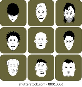 Collection of different cartoon men or male faces. Layered vector illustration. Man face close-up, first in the series.