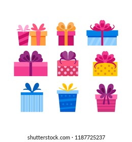 Collection of different cartoon present box isolated on white background. New Year's and Christmas bright decor in flat style. Colorful gift boxes with bows.