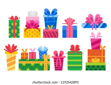 Collection of different cartoon present box isolated on white background. New Year's and Christmas bright decor in flat style. Colorful gift boxes with bows.