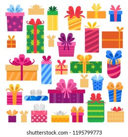 Collection of different cartoon present box isolated on white background. New Year's and Christmas bright decor in flat style. Colorful gift boxes with bows.