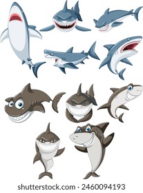 Collection of different cartoon shark characters