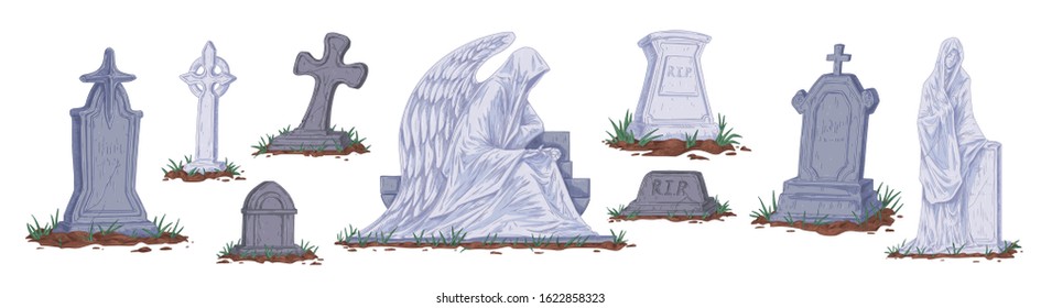 Collection of different cartoon tombstones vector graphic illustration. Set of gray gravestones and sculptures isolated on white background. Concept of halloween, funeral and cemetery