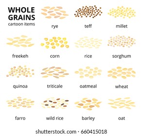 Collection of different cartoon whole cereal grains isolated on white background with names.