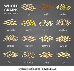 Collection of different cartoon whole cereal grains isolated on the chalkboard with names.