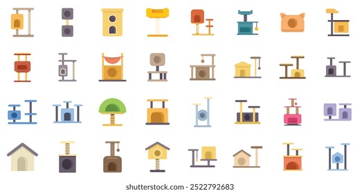 Collection of different cat trees with scratching posts, hammocks, and toys for sharpening claws, playing and relaxing