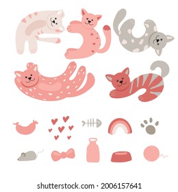 Collection of different cats and
portraits of a domestic pet animal. All objects are separated. Vector illustration