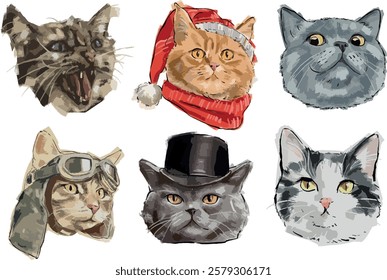 collection of different cats potrait. A set of cute and funny cats with different colors and breeds. vector illustration, sticker pack, digital painting.