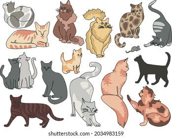 Collection of different cats. A set of cute and funny cats with different colors and breeds. Vector illustration