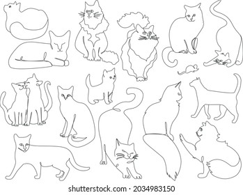 Collection of different cats. Vector line art illustration. One line isolated illustration on a white background