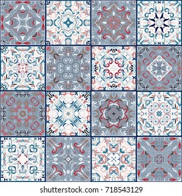 A collection of different ceramic tiles in retro colors. A set of square patterns in ethnic style. Vector illustration.