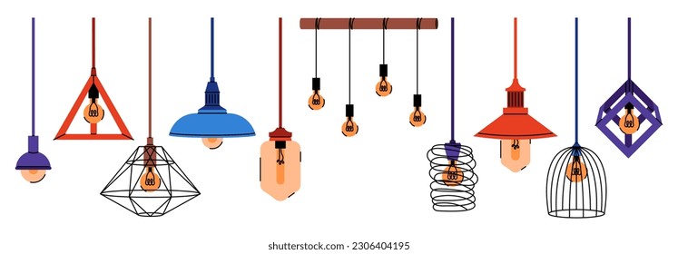 Collection of different chandelier lamps. Flat vector illustration on white background.
