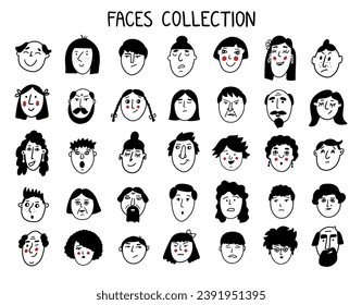 The collection of different characters with various emotions and expressions. Portraits of people in doodle style. Funny avatar for social media. 