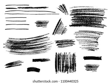 Collection of different charcoal hatches. Vector isolated scetches. Pencil scribble texture. Rough edges background.