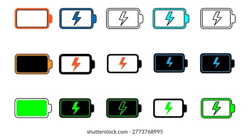 A collection of  different charging indicators, featuring a lightning bolt symbol in diverse color schemes.