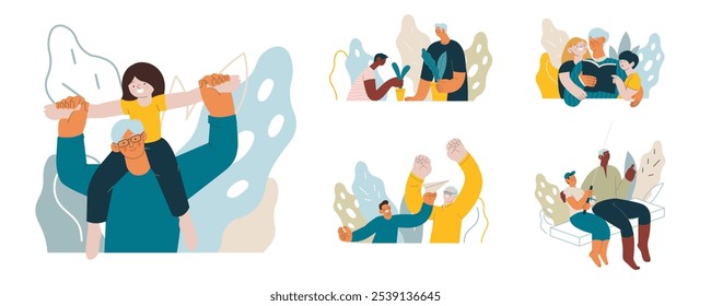 Collection of different cheerful senior man and woman with grandchildren perform different activities on abstract background. Modern flat vector illustration. Seniors. Landing page and website banner 