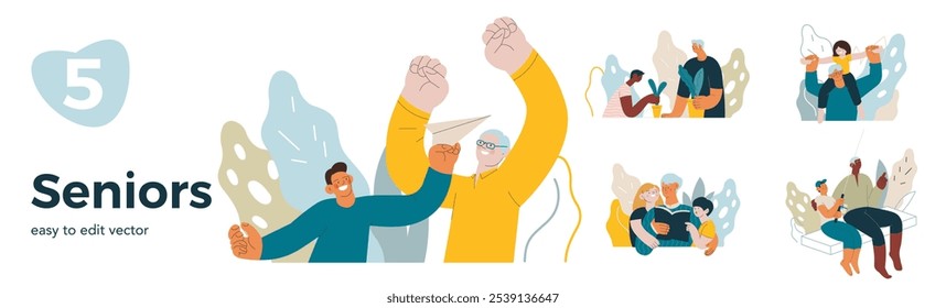 Collection of different cheerful senior man and woman with grandchildren perform different activities on abstract background. Modern flat vector illustration. Seniors. Landing page and website banner 