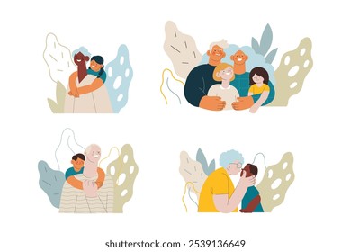 Collection of different cheerful senior man and woman with grandchildren perform different activities on abstract background. Modern flat vector illustration. Seniors. Landing page and website banner 