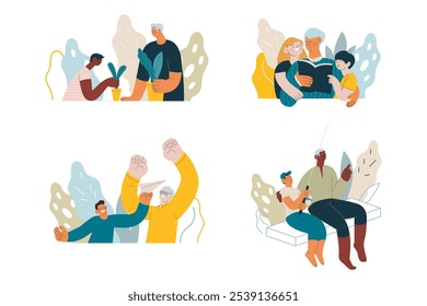 Coleção de diferentes alegres homem sênior e mulher com netos realizam diferentes atividades no fundo abstrato. Ilustração vetorial plana moderna. Idosos. Banner da página inicial e do site 