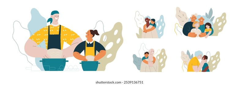 Coleção de diferentes alegres homem sênior e mulher com netos realizam diferentes atividades no fundo abstrato. Ilustração vetorial plana moderna. Idosos. Banner da página inicial e do site 