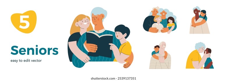 Collection of different cheerful senior man and woman with grandchildren perform different activities isolated on white background. Modern flat vector illustration. Seniors. Landing page and website 
