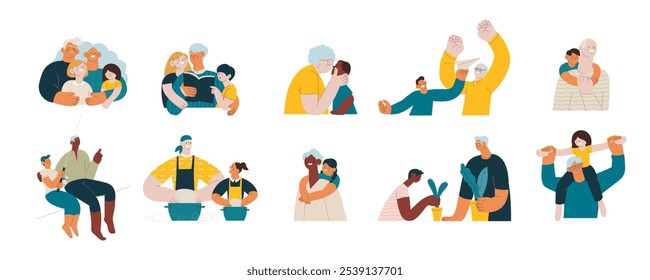 Collection of different cheerful senior man and woman with grandchildren perform different activities isolated on white background. Modern flat vector illustration. Seniors. Landing page and website 