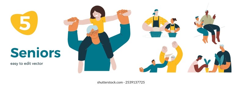 Collection of different cheerful senior man and woman with grandchildren perform different activities isolated on white background. Modern flat vector illustration. Seniors. Landing page and website 