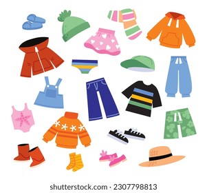 Collection of different children clothes. Elements of wardrobe.