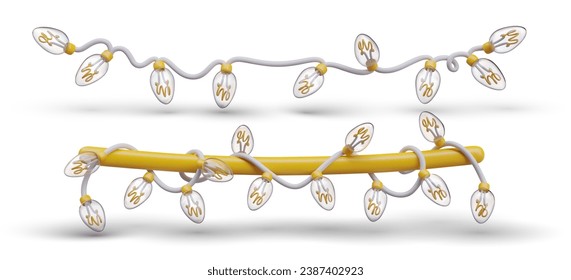 Collection with different Christmas lights. Xmas home decoration, string light garland. Lighting, decoration with bright light bulbs. Vector illustration in 3d realistic style with yellow elements