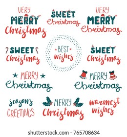 Collection of different Christmas quotes, typography, with hand drawn design elements Isolated objects on white background. Vector illustration. Design concept winter holidays