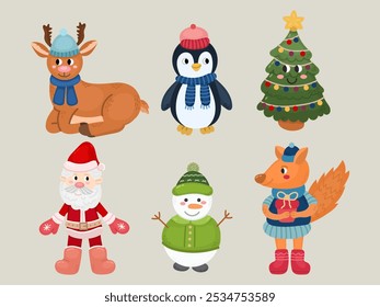 Collection of different Christmas or Snake cartoon characters in flat. Santa Claus, Penguin, Reindeer, Snowman, Squirrel, Christmas tree cute design