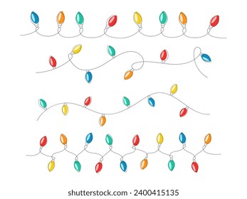 Collection of different Christmas string garlands with colored light bulbs. Doodle outline Xmas decoration isolated on white. Cute holiday design element. Winter festive cozy illustration