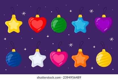 Collection of different Christmas toys. Christmas toys in shape of hearts, stars and balls. New Year's toys. Christmas tree decor. Illustration for a postcard, New Year banner, poster.