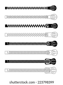 Collection different closed zipper symbol  black   white drawing design  vector art image illustration  isolated white background