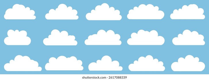 Collection of different cloud icons. White cloud icons on a blue background. Set of cartoon cloud in a flat design. White sky collection. Various cloud shapes. Weather illustration