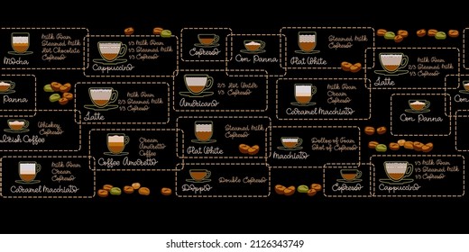 Collection of different coffee drinks. Handwritten text. Seamless pattern. Vector.