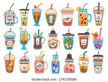 Collection of different cold drinks, smoothies in glass pitchers. Bubble tea cup design collection. Pearl milk tea, Taiwan milk tea, Yummy drinks, and fruit drinks isolated on white