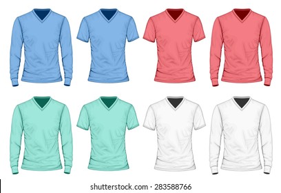 Collection of different color men's t-shirt long and short sleeve. Vector illustration.