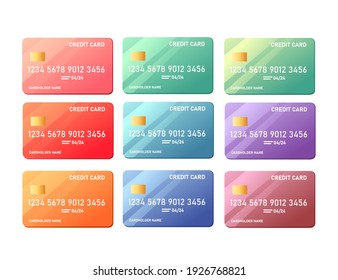 Collection of different color plastic cards with chips vector illustration on white background