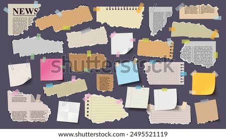 Collection of different color sheets of note papers scrap magazines and newspaper with curled corner, ready for your message. Stickers attached tape and metal paper clip. Realistic vector illustration