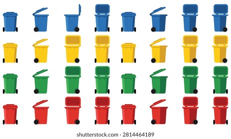 Collection of different colored bins for waste disposal and recycling. Blue, yellow, green, and red trash cans with lids open and closed.
