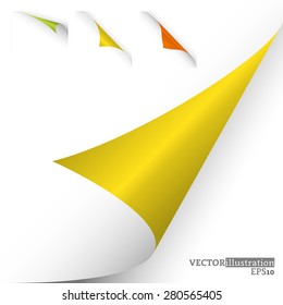 Collection of different colored curled corners on the white background shadowed. Vector illustration.